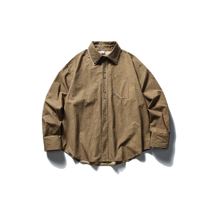 Brown long-sleeve button-up shirt with chest pocket and white contrast stitching, flat lay front view