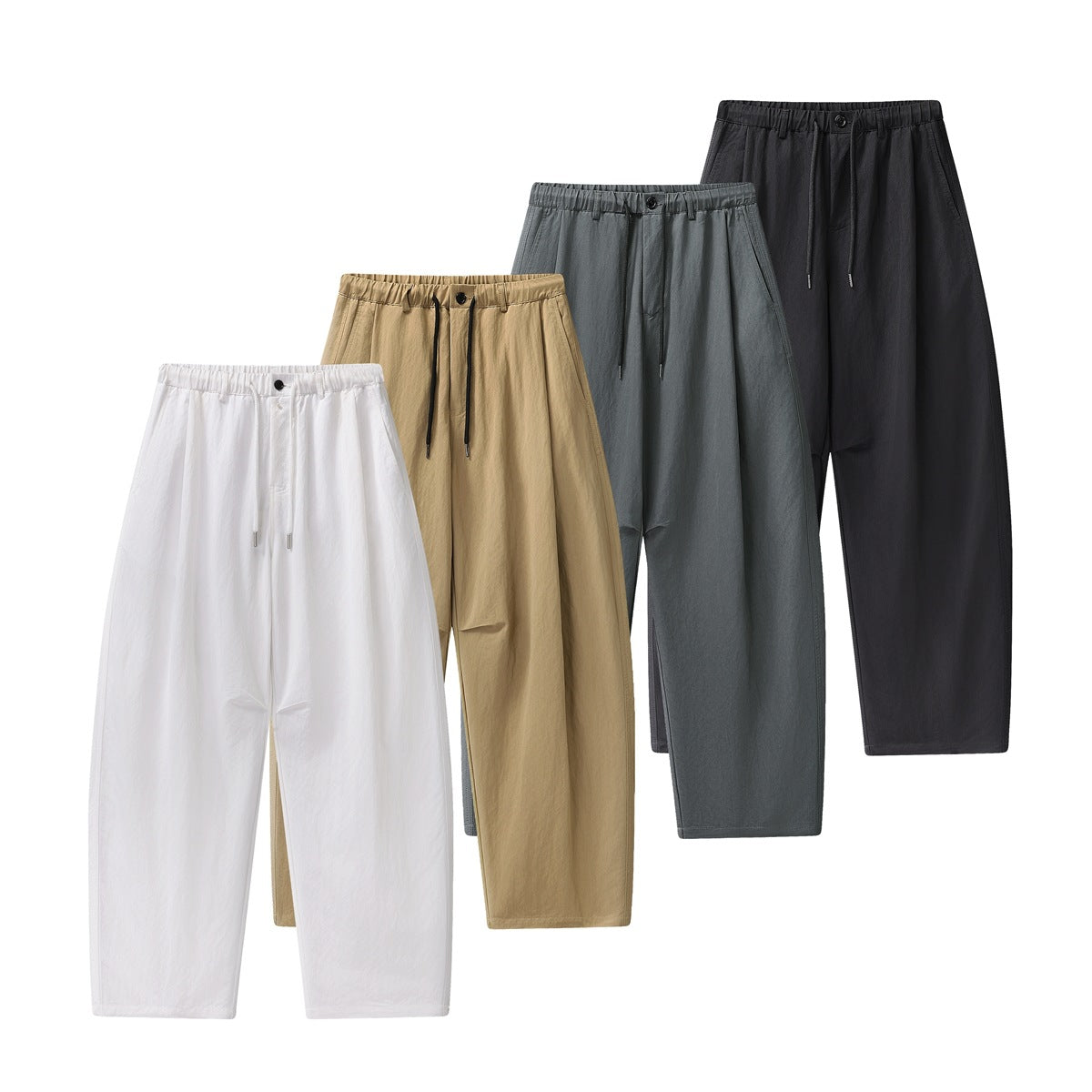 Four pairs of relaxed, wide-leg drawstring trousers shown in white, tan, gray, and charcoal.