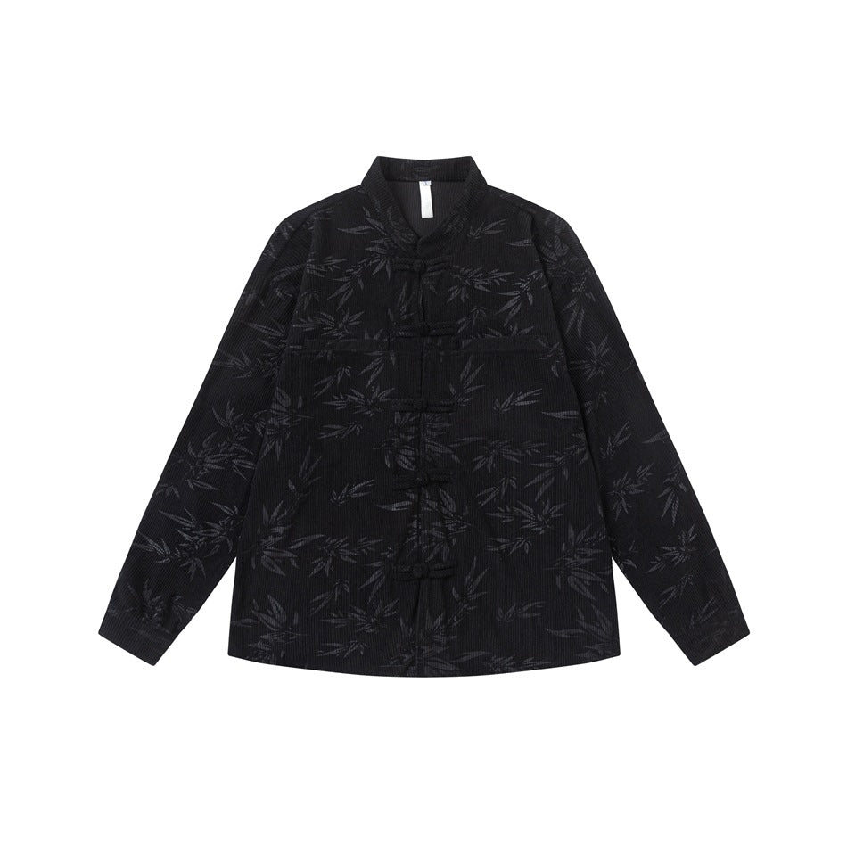 Black long-sleeve stand-collar shirt with frog-knot closures and tonal bamboo-leaf pattern, flat lay