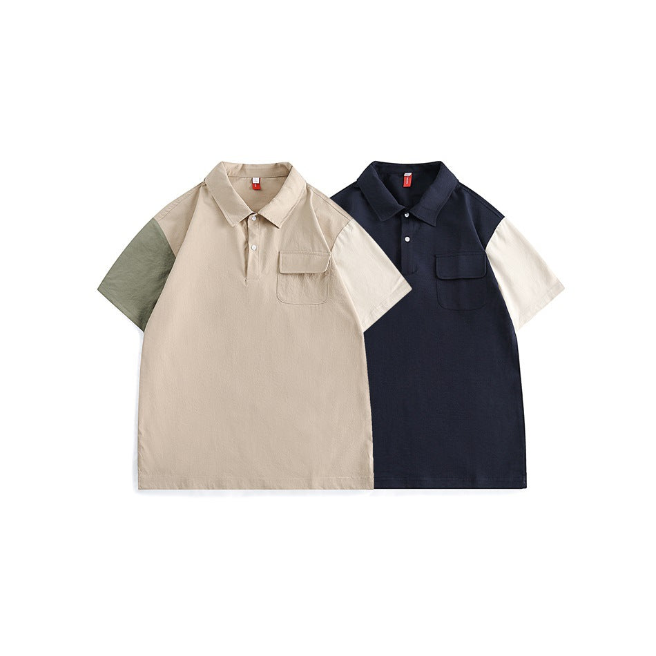 Two short-sleeve collared shirts shown from the front: beige with olive accents and navy with cream sleeves.
