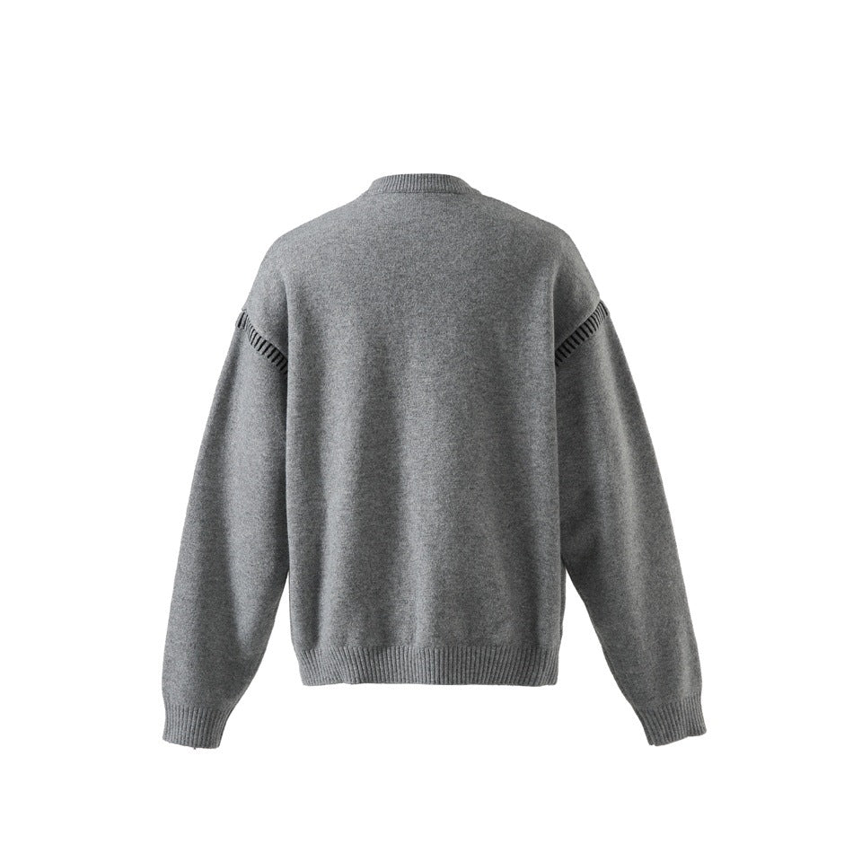 Heathered gray knit crewneck sweater, back view, with black contrast stitching on the upper sleeves and ribbed hem