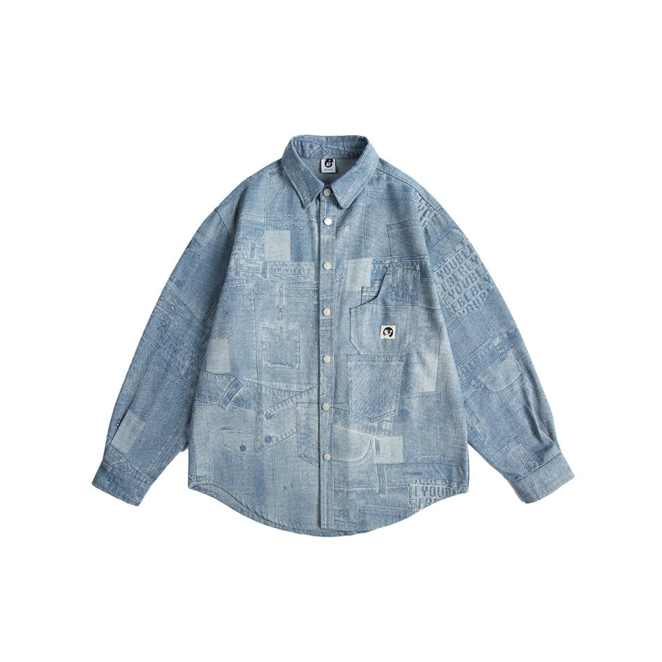 Blue long-sleeve button-up shirt with all-over denim patchwork print, chest pocket and snap buttons, flat front view