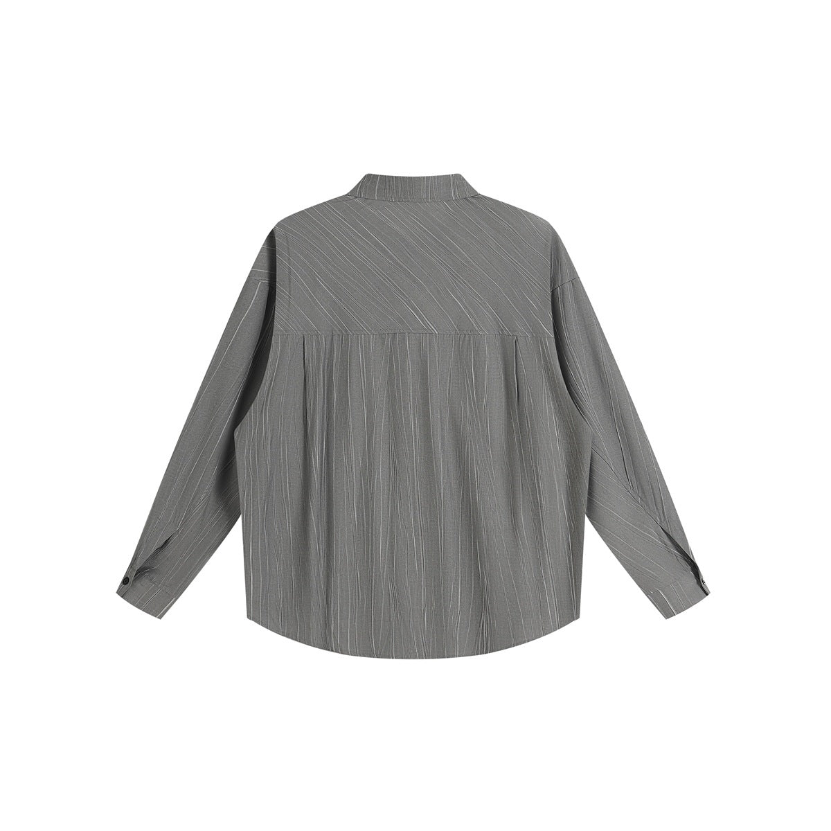 Back view of a charcoal gray pinstriped long-sleeved shirt with a yoke seam and button cuffs.