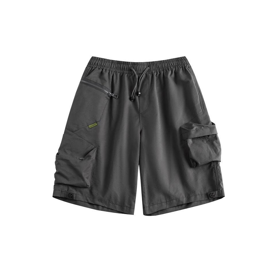Dark gray cargo shorts, front flat lay, with drawstring waist, zip pocket and a small green label