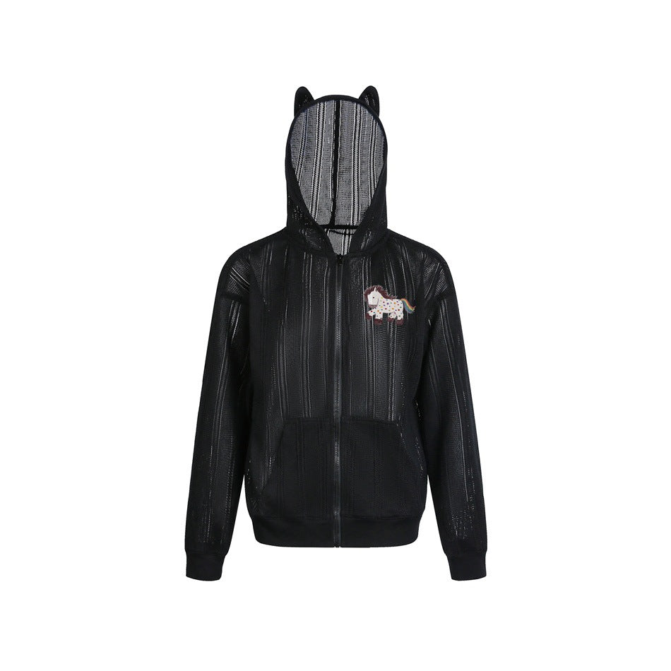 Black sheer open-knit zip hooded jacket with ear-shaped hood points, front pocket and embroidered pony patch