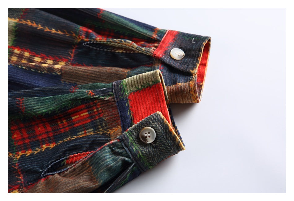 Close-up of two patchwork garment cuffs with contrasting buttons and patterned fabric.