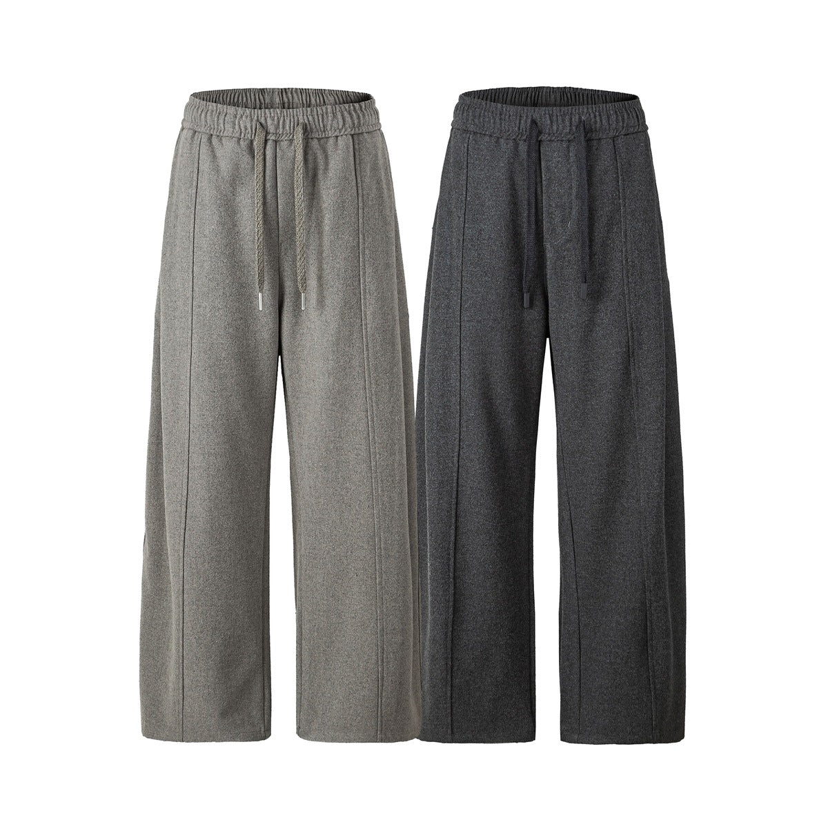 Front view of wide-leg pants in light gray and charcoal, with elastic drawstring waistbands.