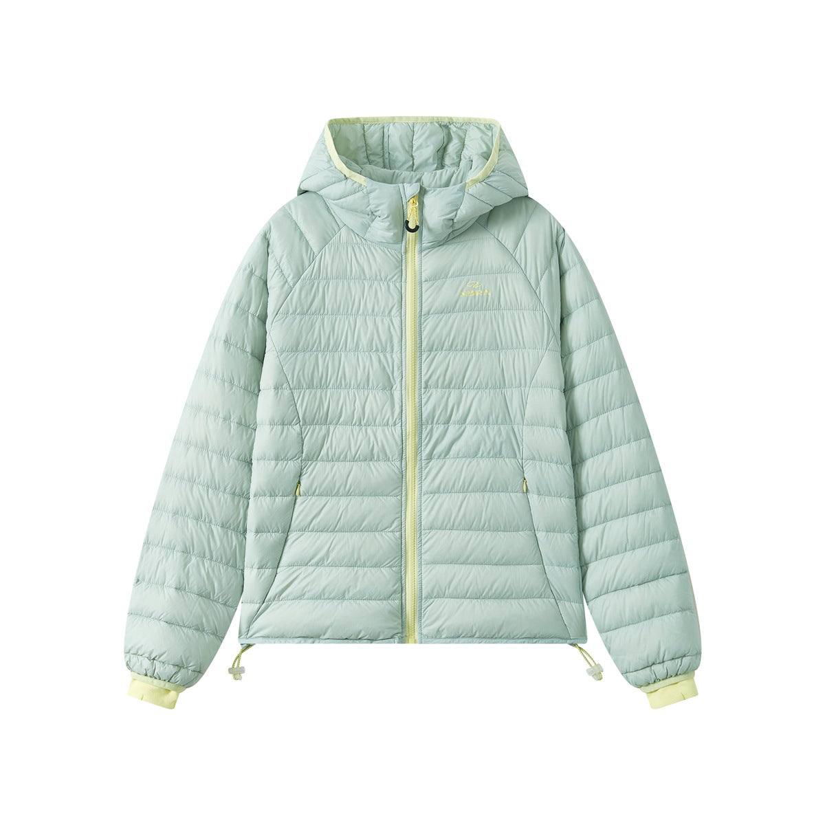 Green hooded quilted jacket with pale yellow zipper, hood trim, cuffs and hem drawcords, front flat view