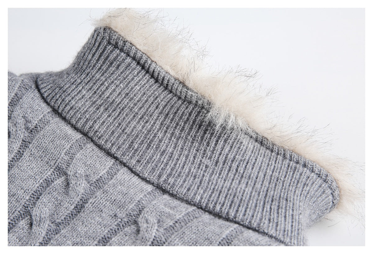 Close-up of a gray ribbed knit collar edged with pale fluffy trim.
