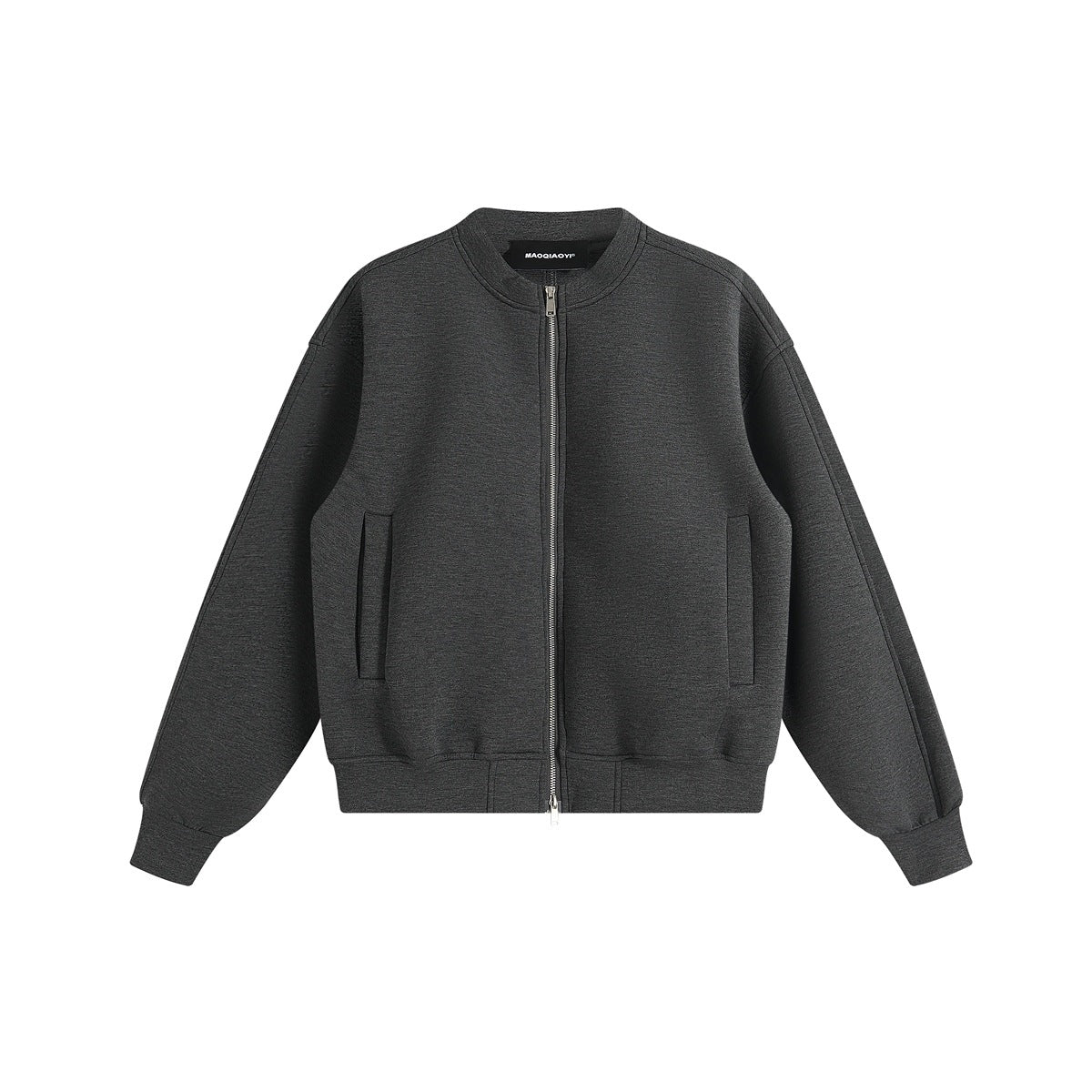 Dark gray heathered zip-front bomber jacket with ribbed collar, cuffs and hem, flat lay front view