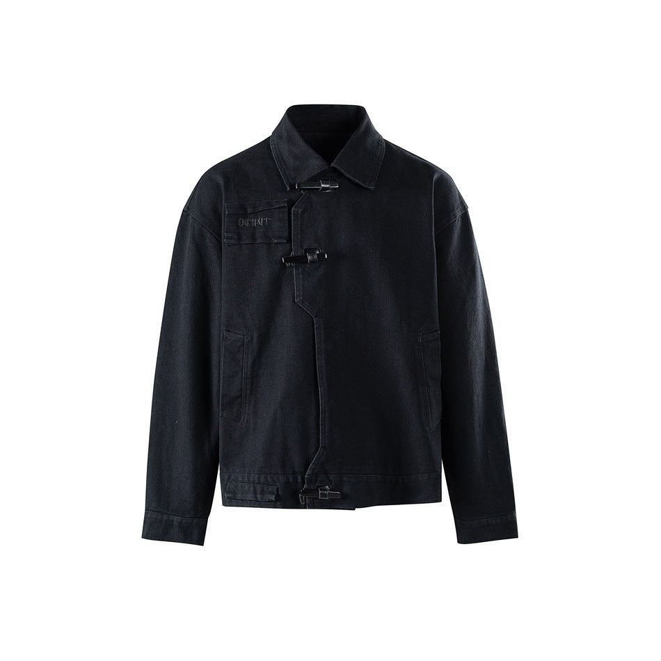 Black canvas-style jacket front flat view with collar, toggle buckle closure, chest pocket and side pockets