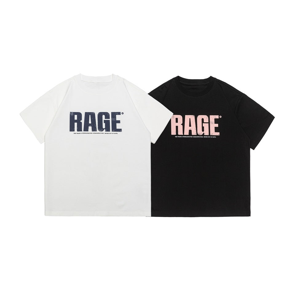 Front view of off-white and black short-sleeve T-shirts, each with a large distressed RAGE chest print.