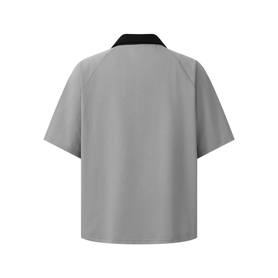 Back view of gray raglan-sleeve polo shirt with black collar