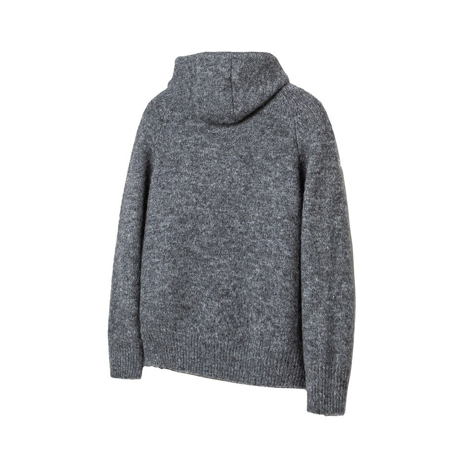 Back view of a charcoal gray long-sleeve knit sweater with a hood and ribbed hem and cuffs.