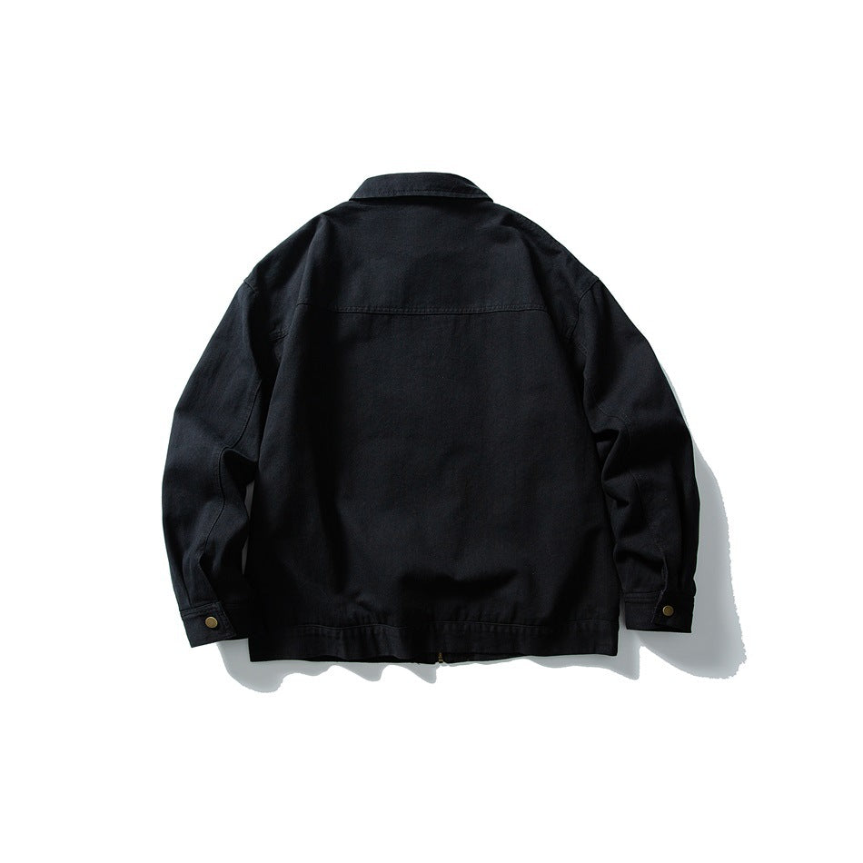Back view of a black collared jacket with long sleeves, a straight hem, and buttoned cuffs.