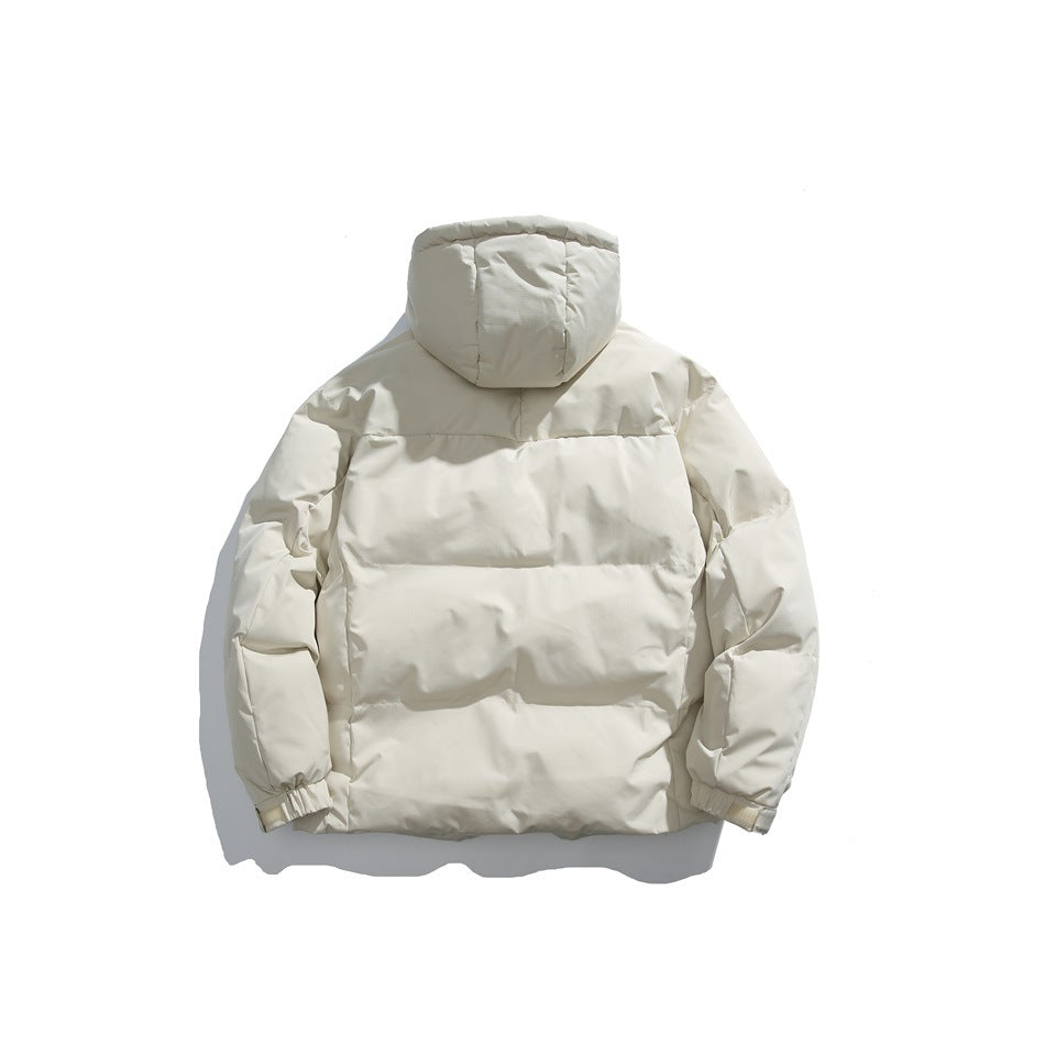 Back view of an ivory hooded puffer jacket laid flat against a white background.