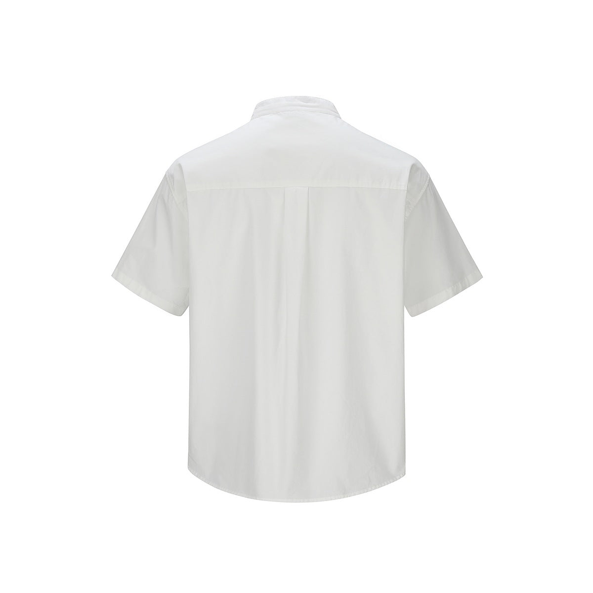 Back view of a white short-sleeve shirt with a band collar and center back pleat.