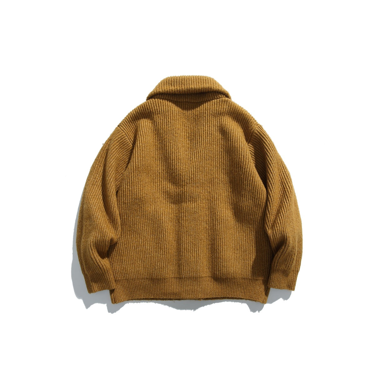 Back view of a mustard-brown ribbed cardigan with a shawl collar and long sleeves.