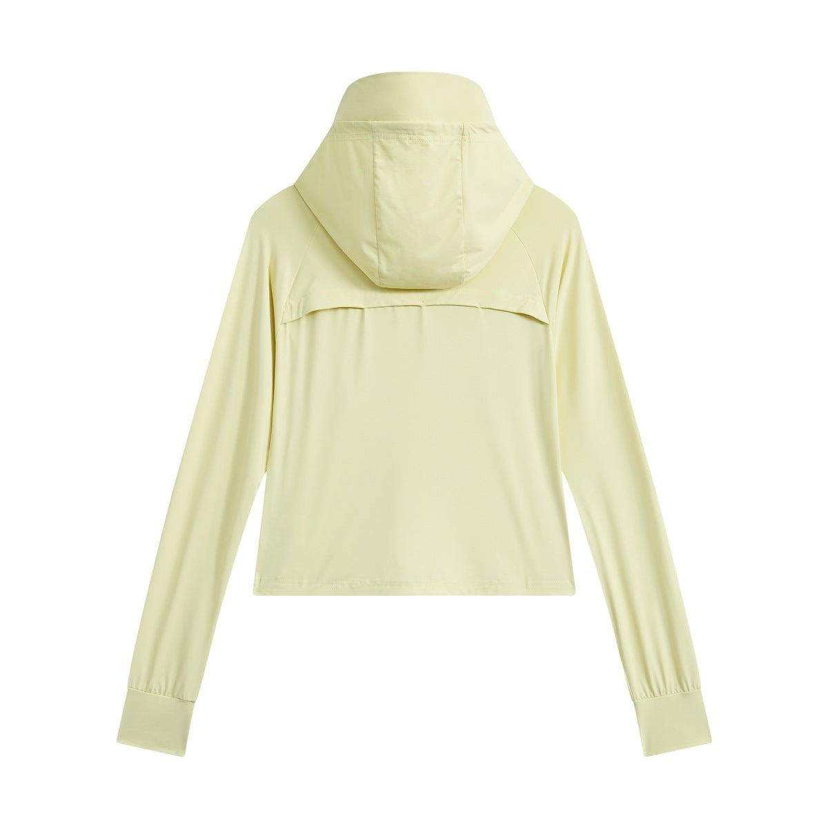 Yellow cropped hooded jacket back view showing hood and upper back seam detail