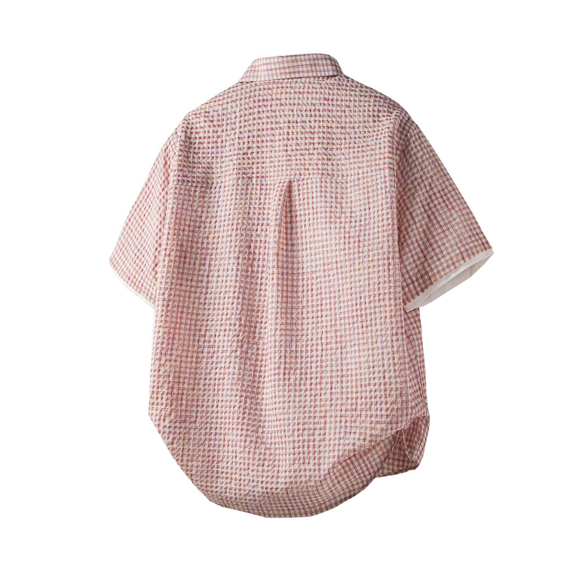 Back view of pink check short-sleeve shirt with textured fabric, back yoke and center pleat
