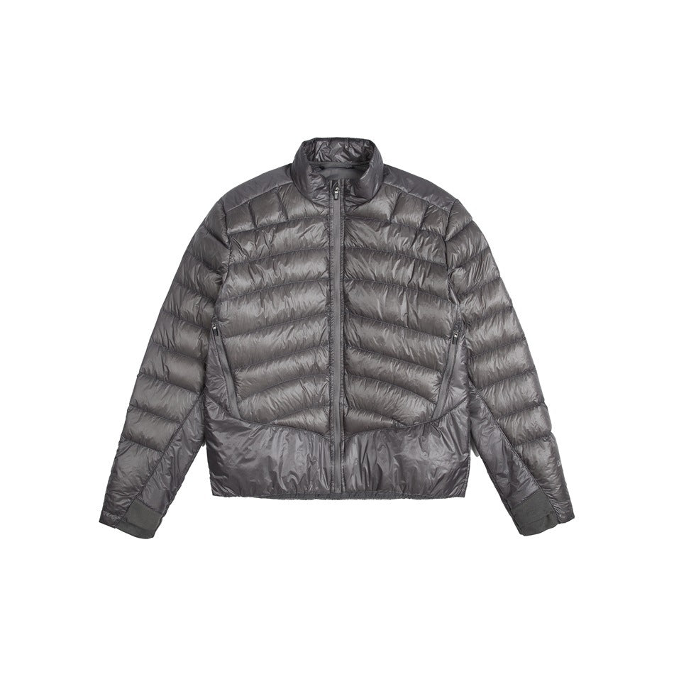Dark gray quilted stand-collar zip jacket with side zip pockets, flat front view on white background