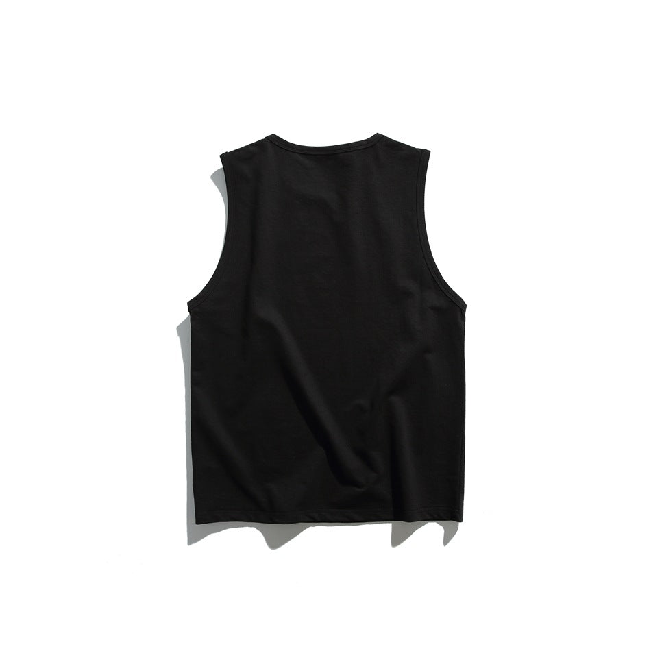 Back view of black sleeveless tank top flat lay with rounded neckline