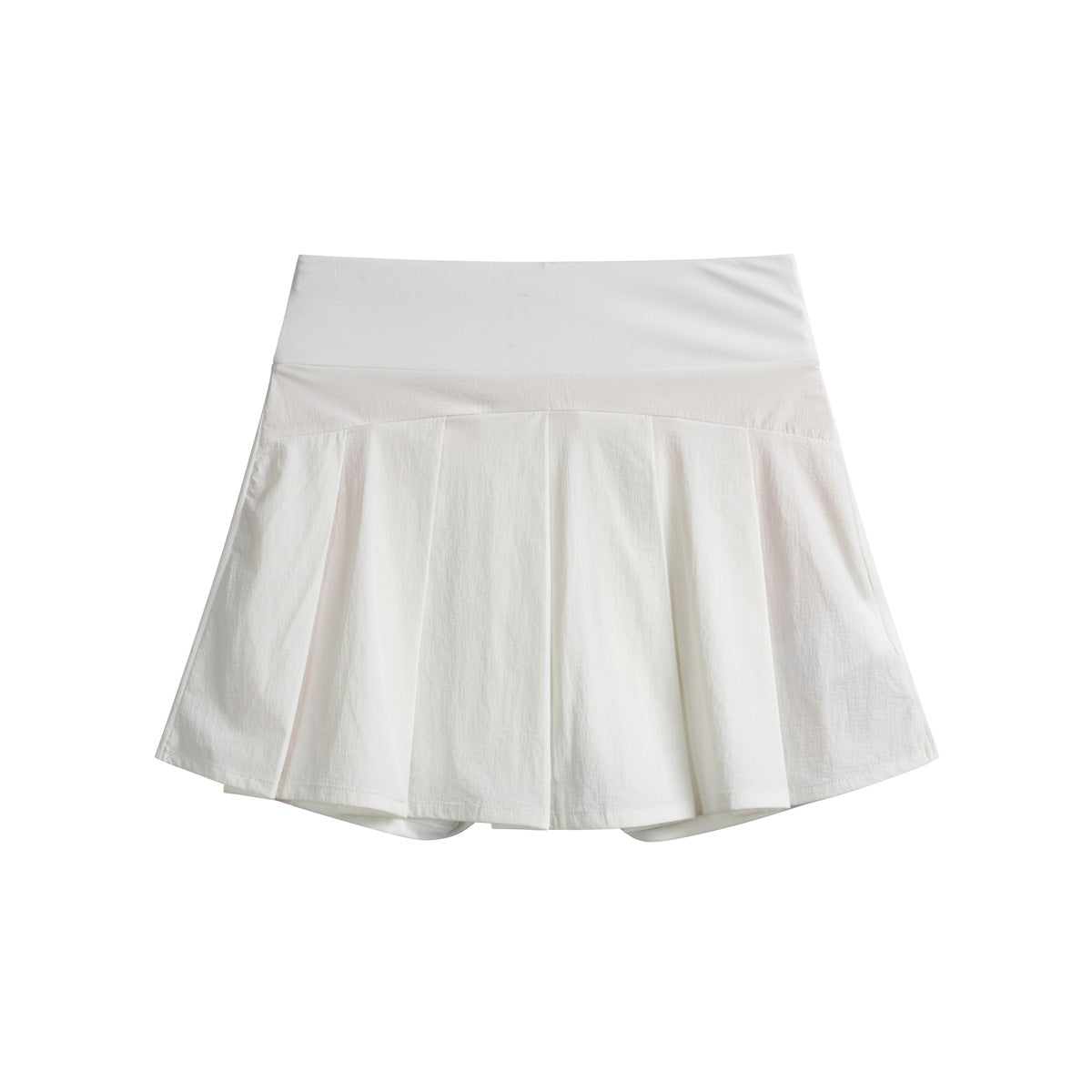 Front view of a white pleated tennis skort with a wide waistband and built-in shorts.