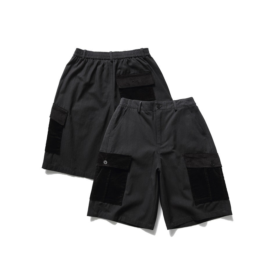 Black cargo shorts shown from the front, with large contrast pocket panels; a rear view is arranged behind them.