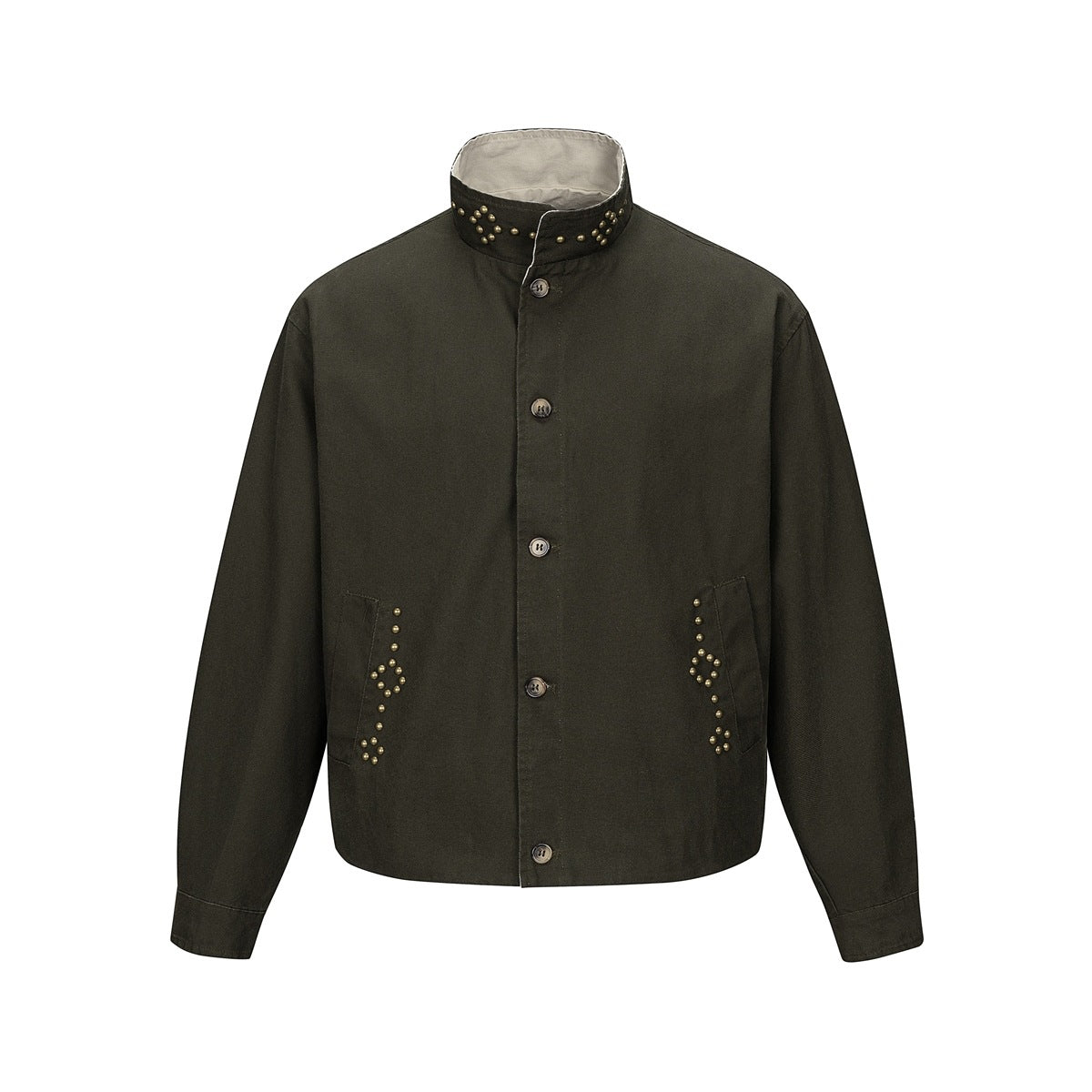 Olive green stand-collar button-front jacket with brass-tone stud clusters on the collar and pockets, flat front view