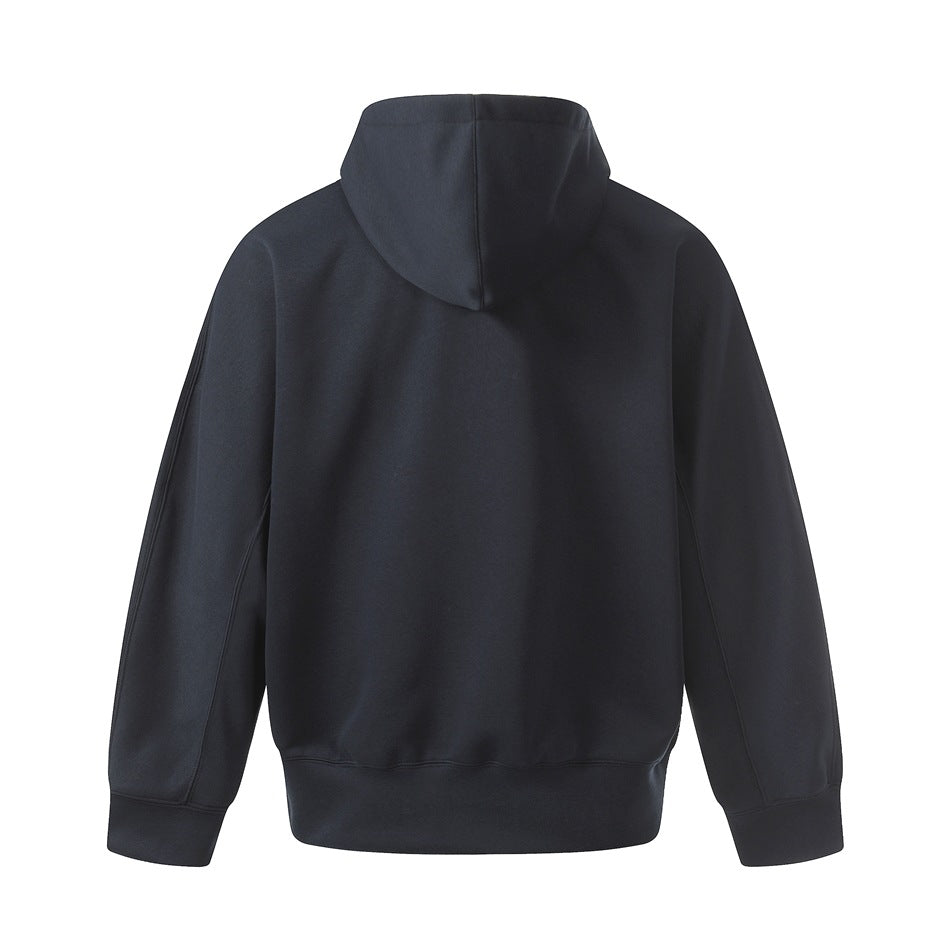 Back view of a plain navy hooded sweatshirt on a white background.