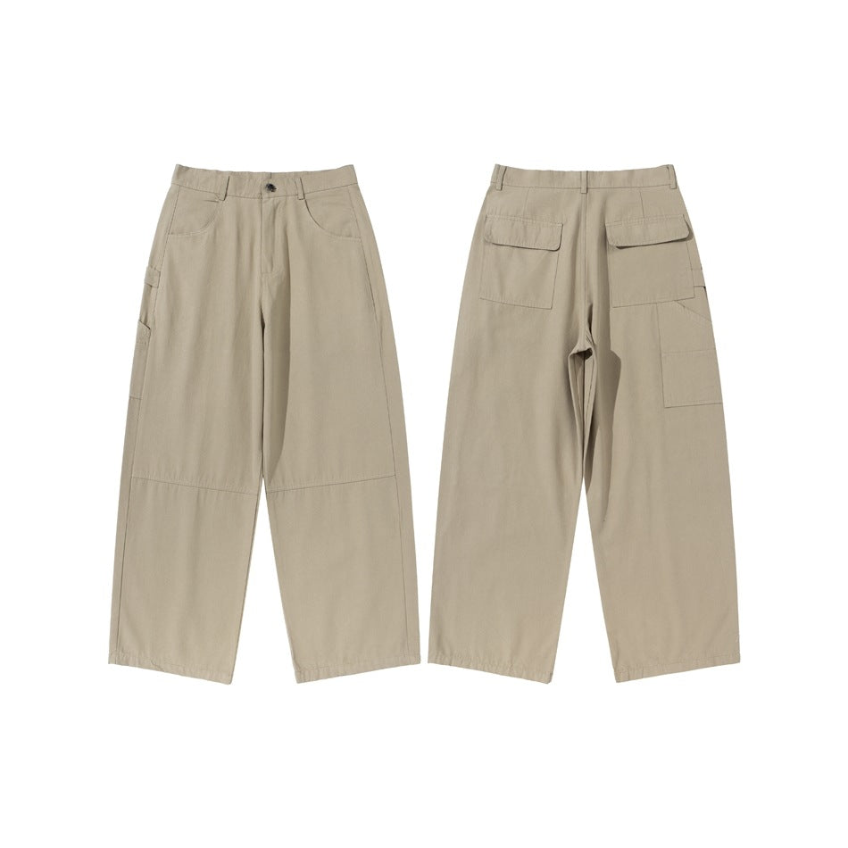 Beige wide-leg utility trousers shown from the front and back, with curved front pockets and flap cargo pockets.