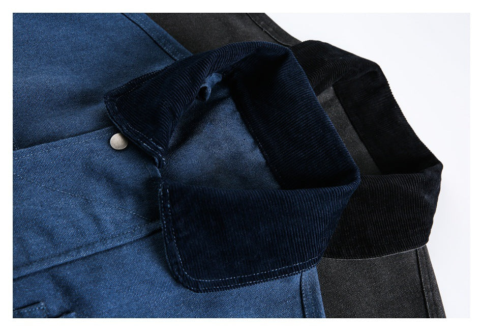 Close-up of blue and black jackets showing contrasting dark corduroy collars and a metal snap.