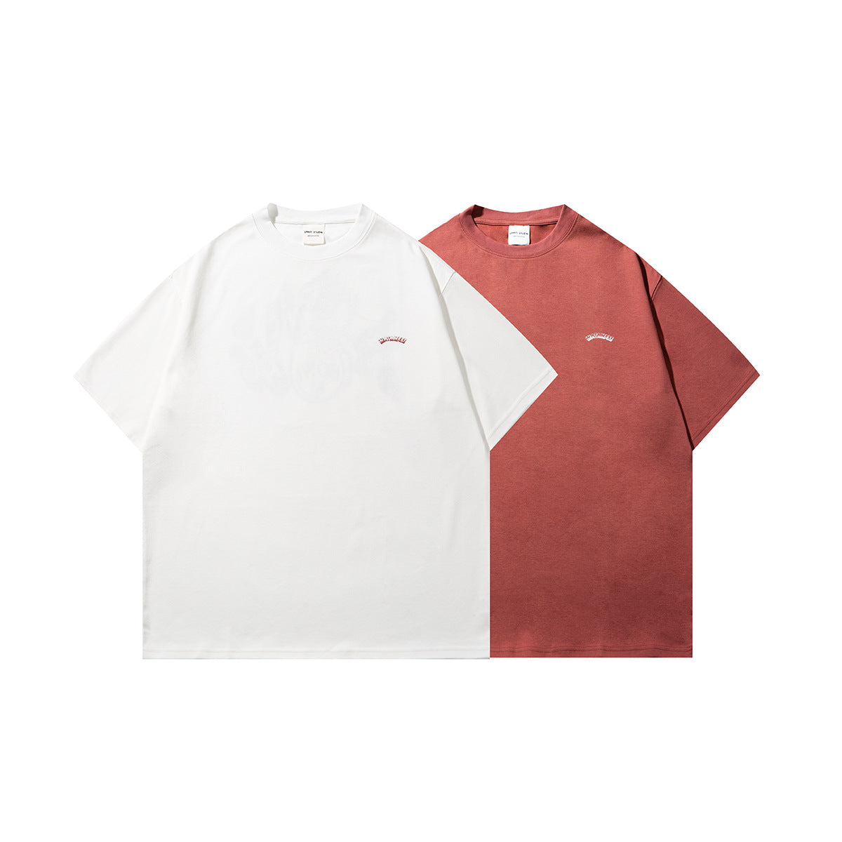 Front views of white and muted red short-sleeve crew-neck T-shirts, each with a small chest emblem.