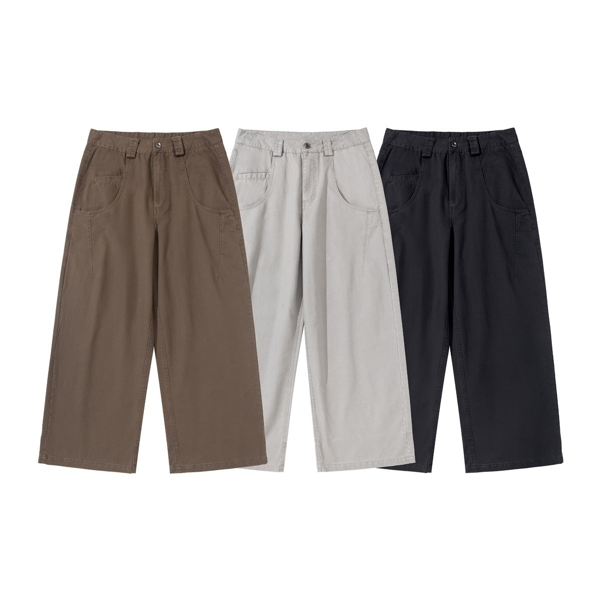 Three pairs of wide-leg trousers shown from the front in brown, light gray and black.