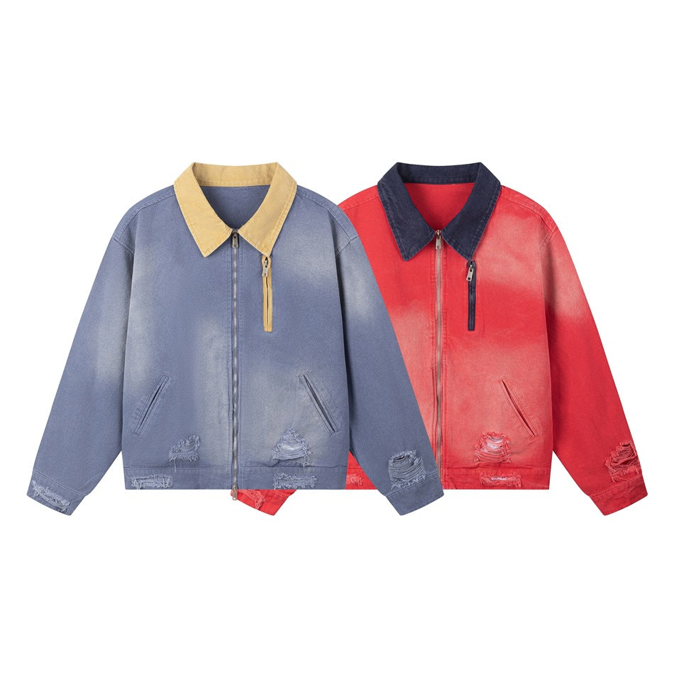 Two front-facing distressed zip jackets shown together: slate blue with a tan collar and coral red with a dark blue collar.