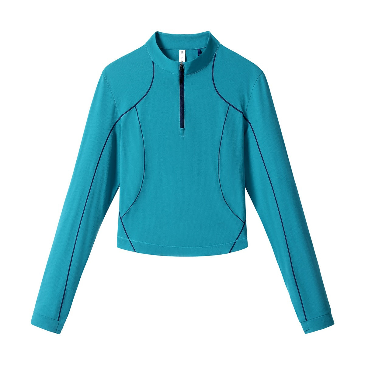 Teal blue cropped half-zip long-sleeve top with navy contrast piping and navy zipper, flat lay