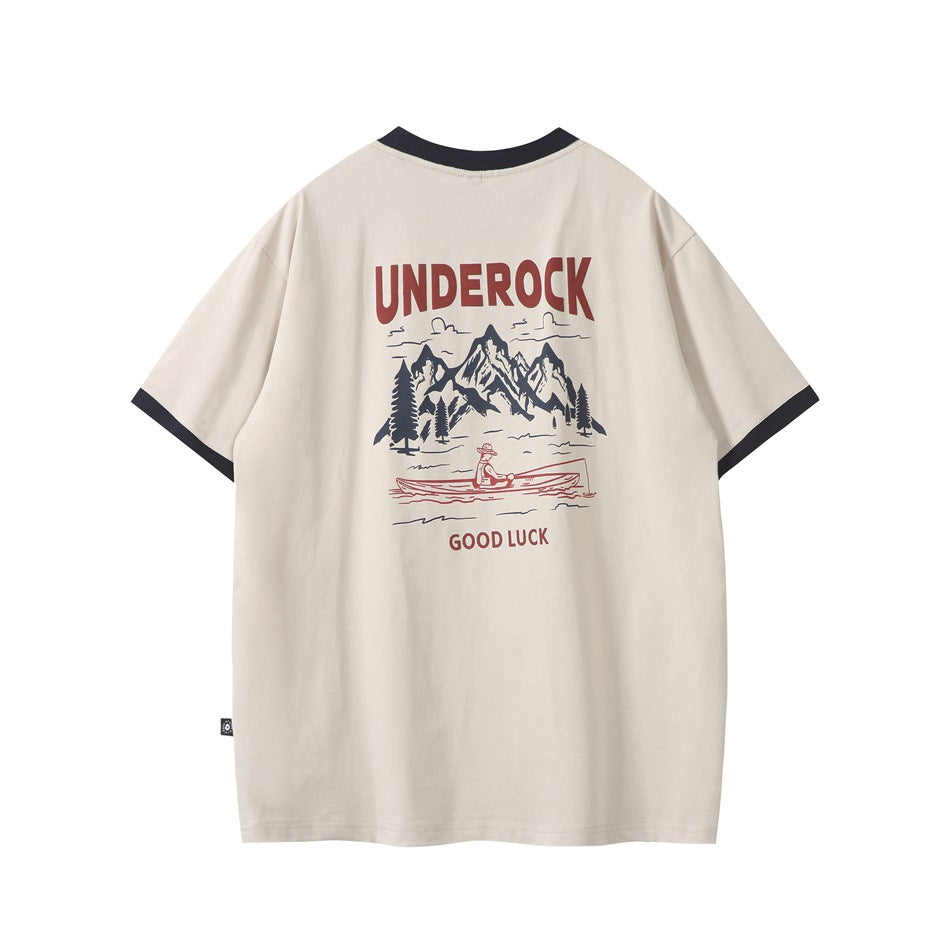 Beige short-sleeve T-shirt back with navy collar and cuffs and mountain fishing graphic printed in red and navy