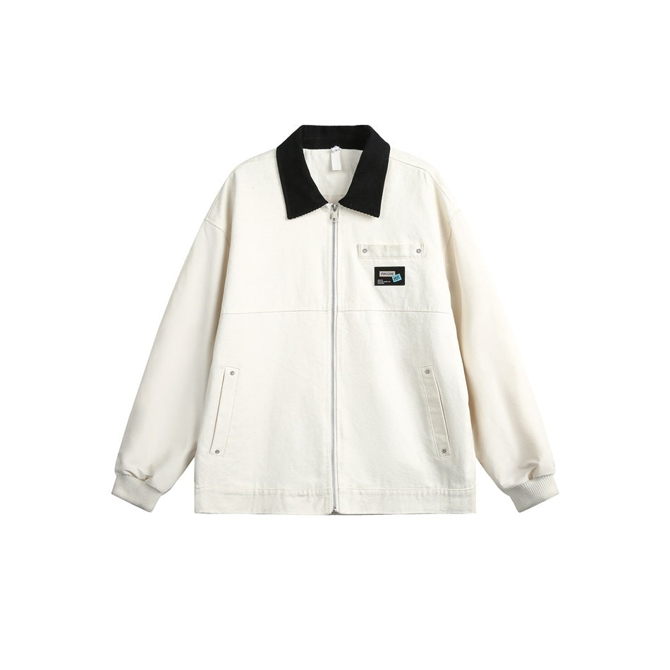 Beige zip-front jacket with black corduroy-look collar, chest pocket, stud pockets and ribbed cuffs, flat front view