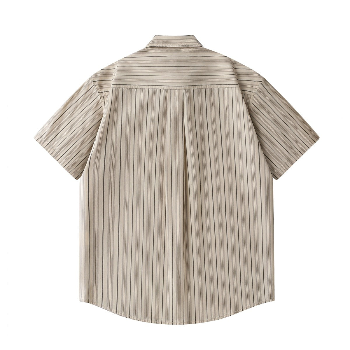 Back view of a light beige short-sleeve shirt with narrow vertical stripes and a horizontal yoke.