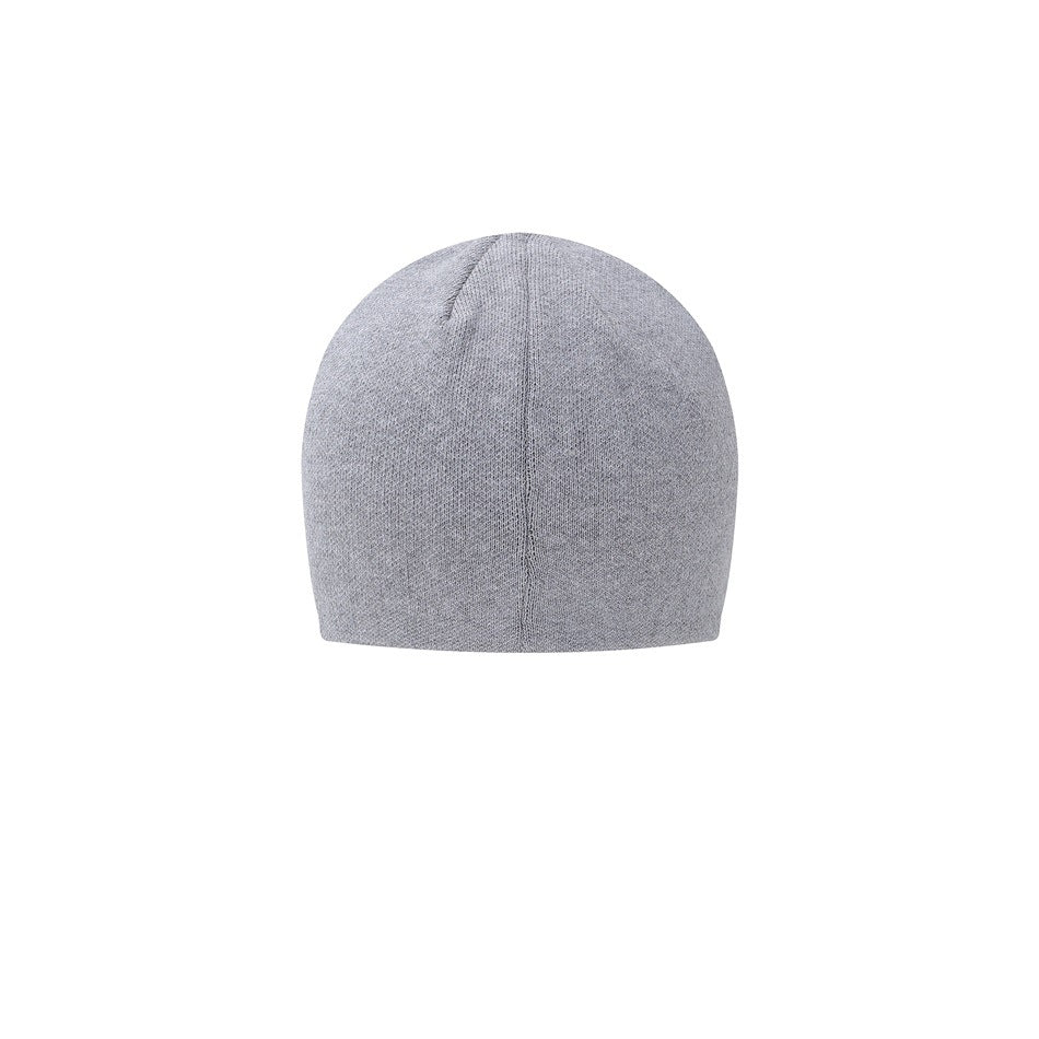 Plain light gray knit beanie shown from the back, with a visible vertical seam on a white background.