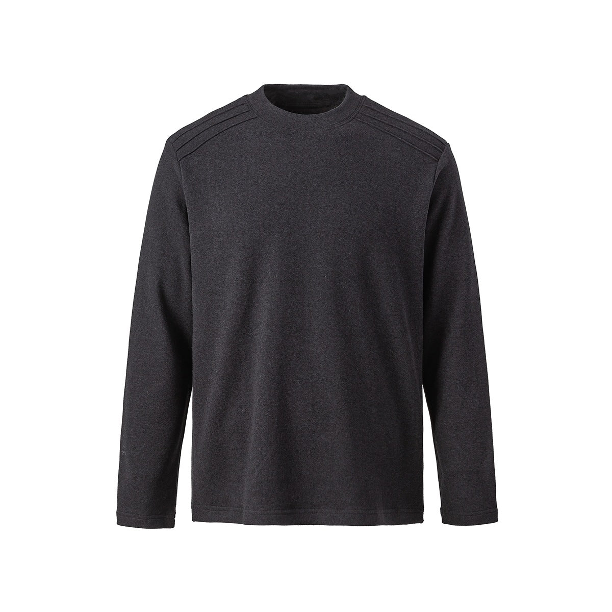 Black heathered long-sleeve crew-neck top with shoulder tuck detailing, flat front view