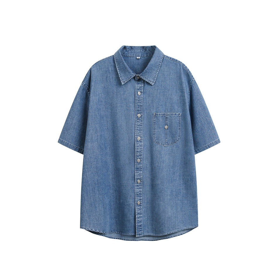Blue denim-look short-sleeve button-up shirt, front view, with chest pocket and pointed collar