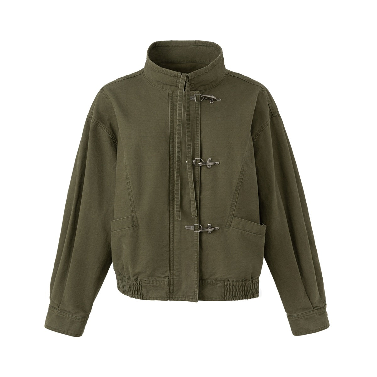Olive green stand-collar jacket with three metal hook closures, front pockets and elastic hem, flat front view