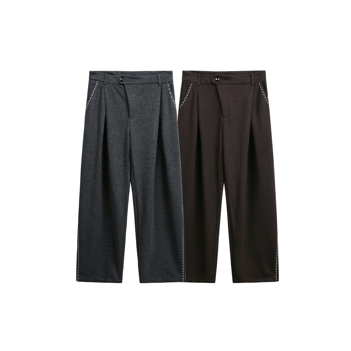Full front view of wide-leg trousers in charcoal gray and dark brown, with pleats and white stitched accents.