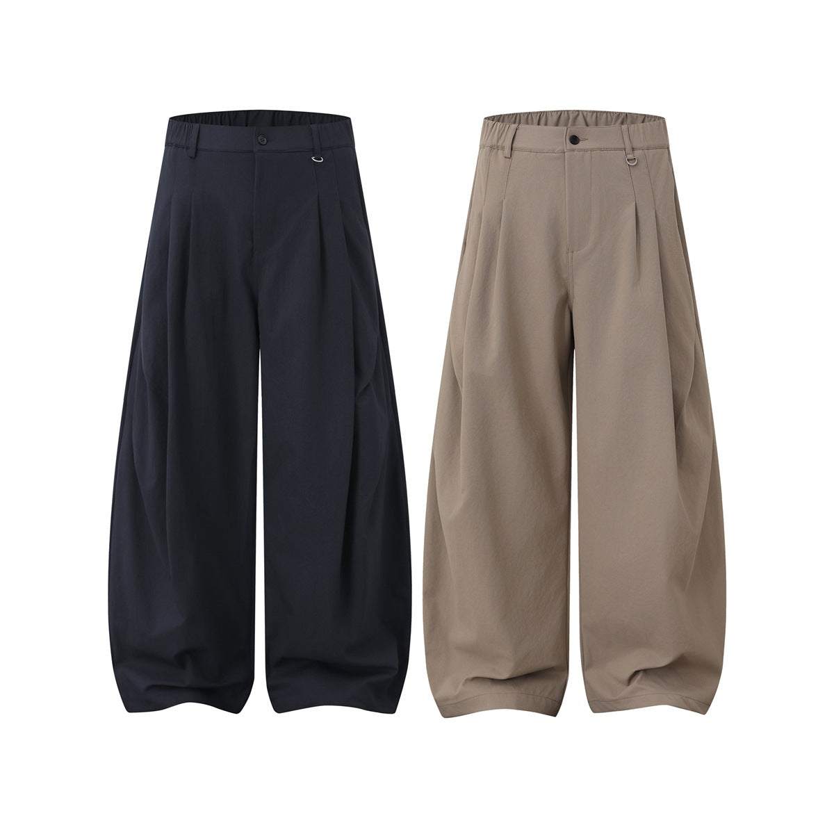 Front view of wide-leg trousers in navy and taupe, with pleats, button closures, and metal rings at the waist.