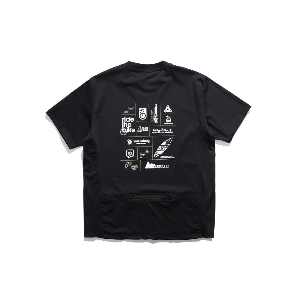 Black short-sleeve tee back view with white icon graphic print and a zippered pocket at the lower back