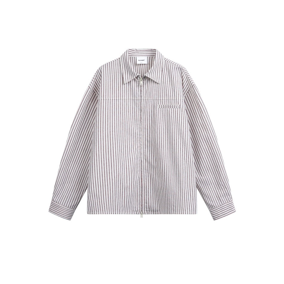 Beige striped long-sleeve zip-front shirt with pointed collar and chest pocket, flat front view