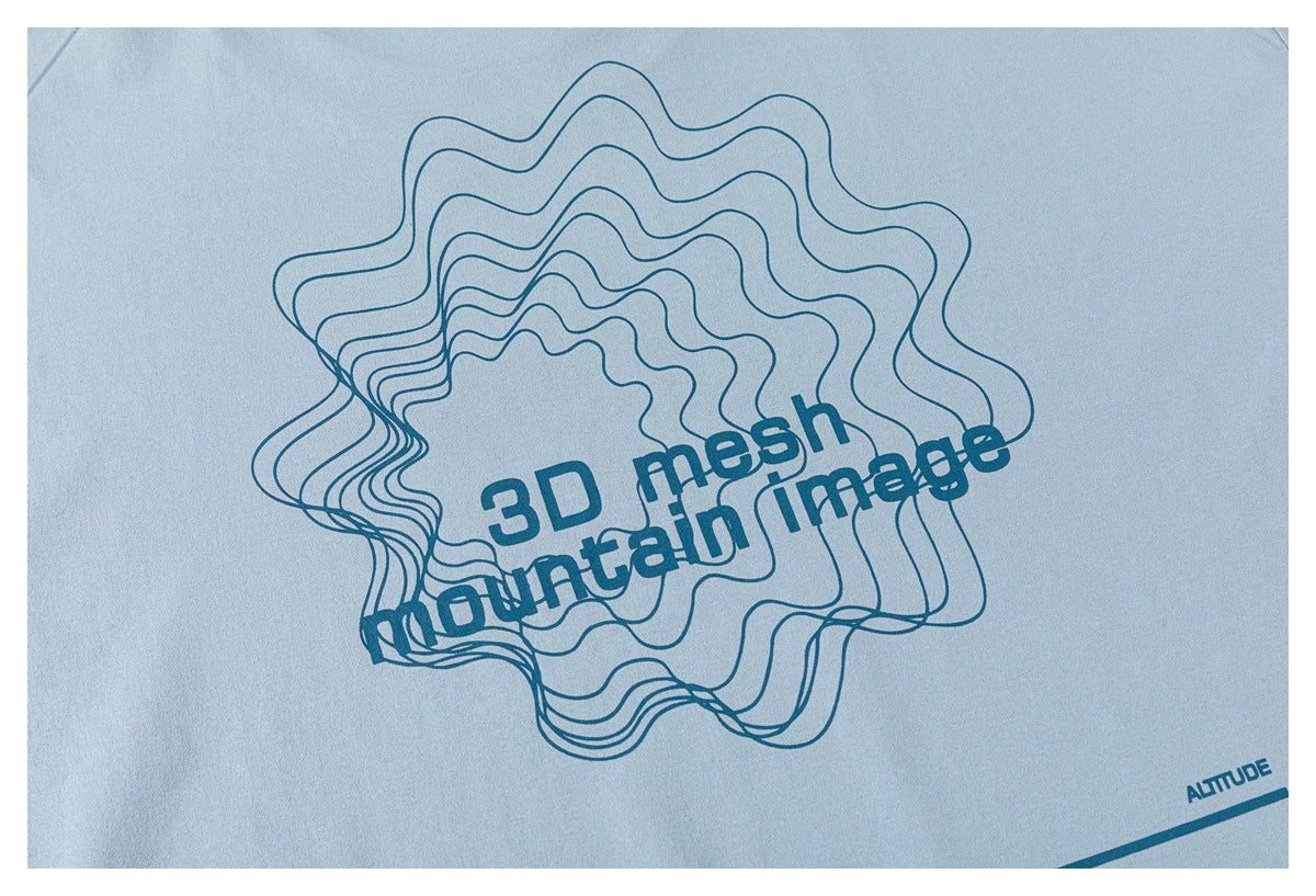 Close-up of a light blue shirt graphic with layered wavy outlines and English text reading “3D mesh Mountain image.”