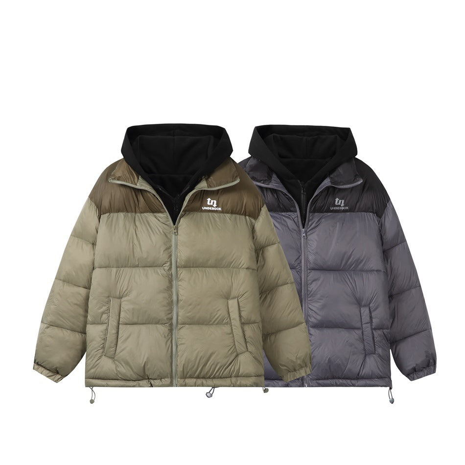 Two hooded puffer jackets shown together: olive with a brown upper panel and charcoal gray with a dark upper panel.