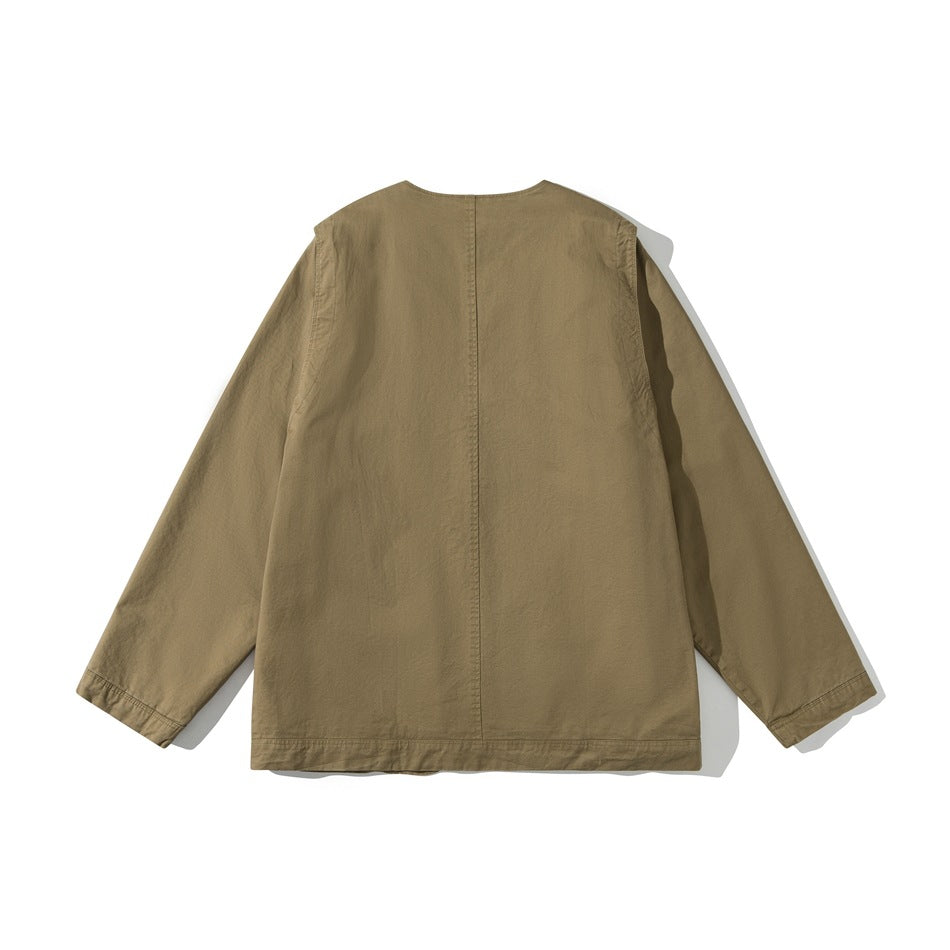 Back view of khaki collarless jacket flat lay showing center back seam and stitched cuffs